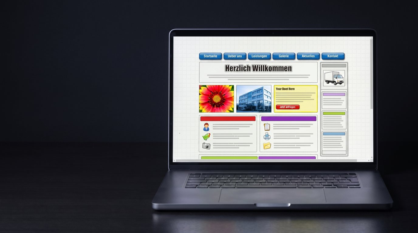 Notebook mit einer überladenen, veralteten Website: enge Ränder, Farbchaos, Verlaufsbuttons